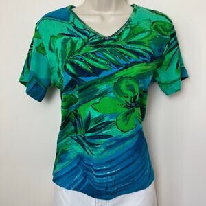 Kaktus Botanical Painting Beaded Accent Cotton T-Shirt Small Blue Green